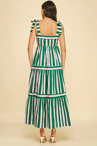 Green/Pink Striped Tiered Maxi Dress