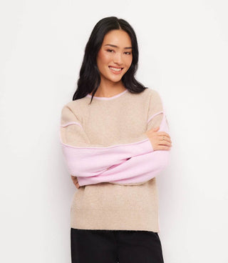 Colorblock Crewneck Sweater- Oatmeal/Pink