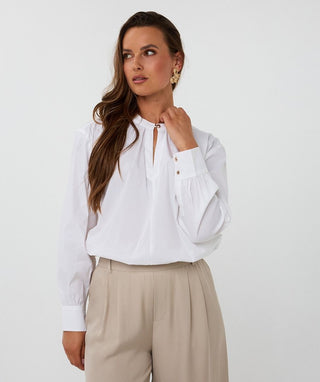 Round Neck Poplin Top- White