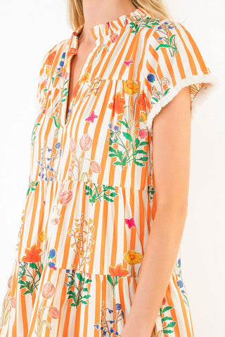 Orange Striped Floral Tiered Dress