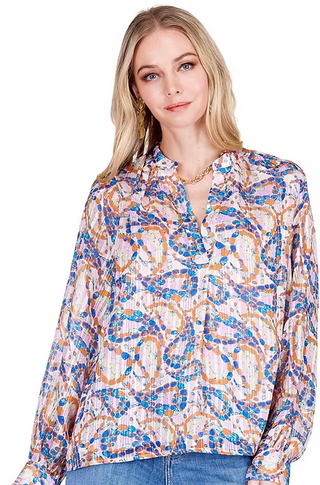 Placket V-Neck Top- Iridescent Flow