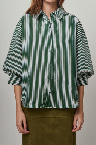 Striped Balloon Sleeve Shirt- Dark Green