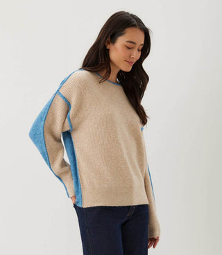 Colorblock Crewneck Sweater- Oatmeal/Blue