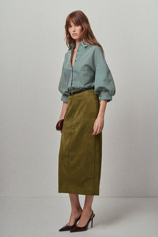 Striped Balloon Sleeve Shirt- Dark Green