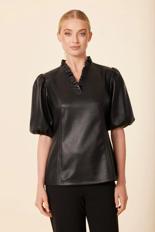 Leather Ruffle Neck Top - Black