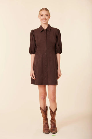 Suede Puff Slv. Dress- Brown
